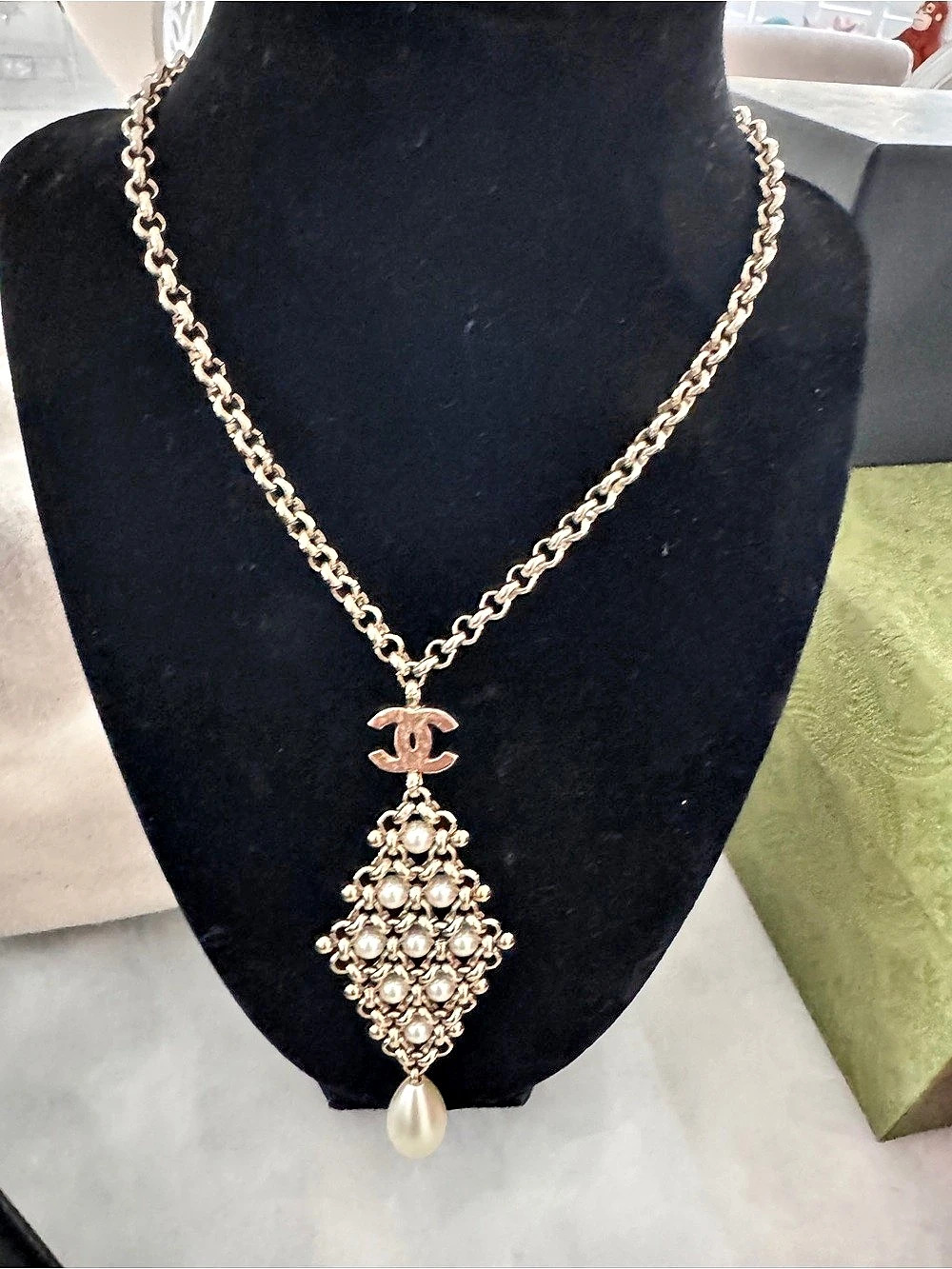 Chanel Champagne Gold & Pearl Lattice Pendant Necklace Like New